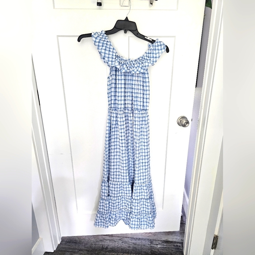 Max Studio Blue Gingham Off Shoulder Tiered Maxi Dress Size S